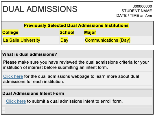 SAmple MyGPS Dual Admission Intent Screen Shot