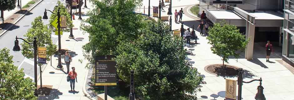 Aerial view of main campus over second street. 