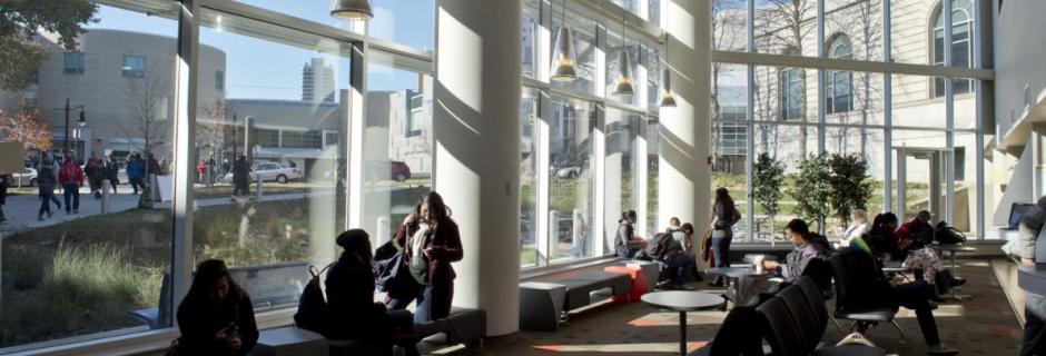Students in lounge area of Bonnell Building Lobby at CCP.