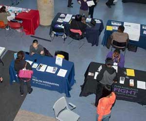 Aerial view of a tabling event in the Bonnell Lobby